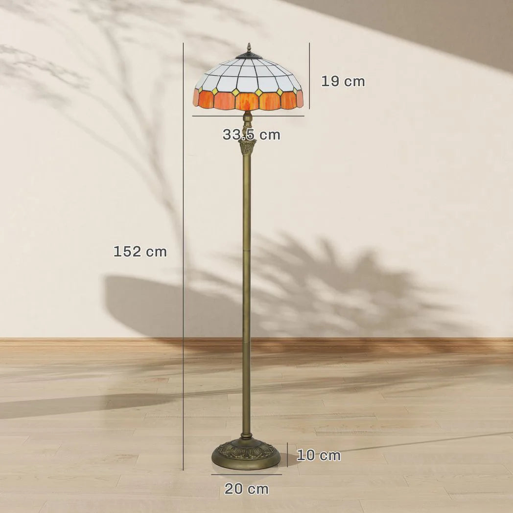 Tiffany-Style Floor Lamp with Handcrafted Stained Glass Shade, 152cm Tall Vintage Standing Lamp with Foot Switch and Dual Sockets for Living Room Bedroom, Bronze Tone and Orange