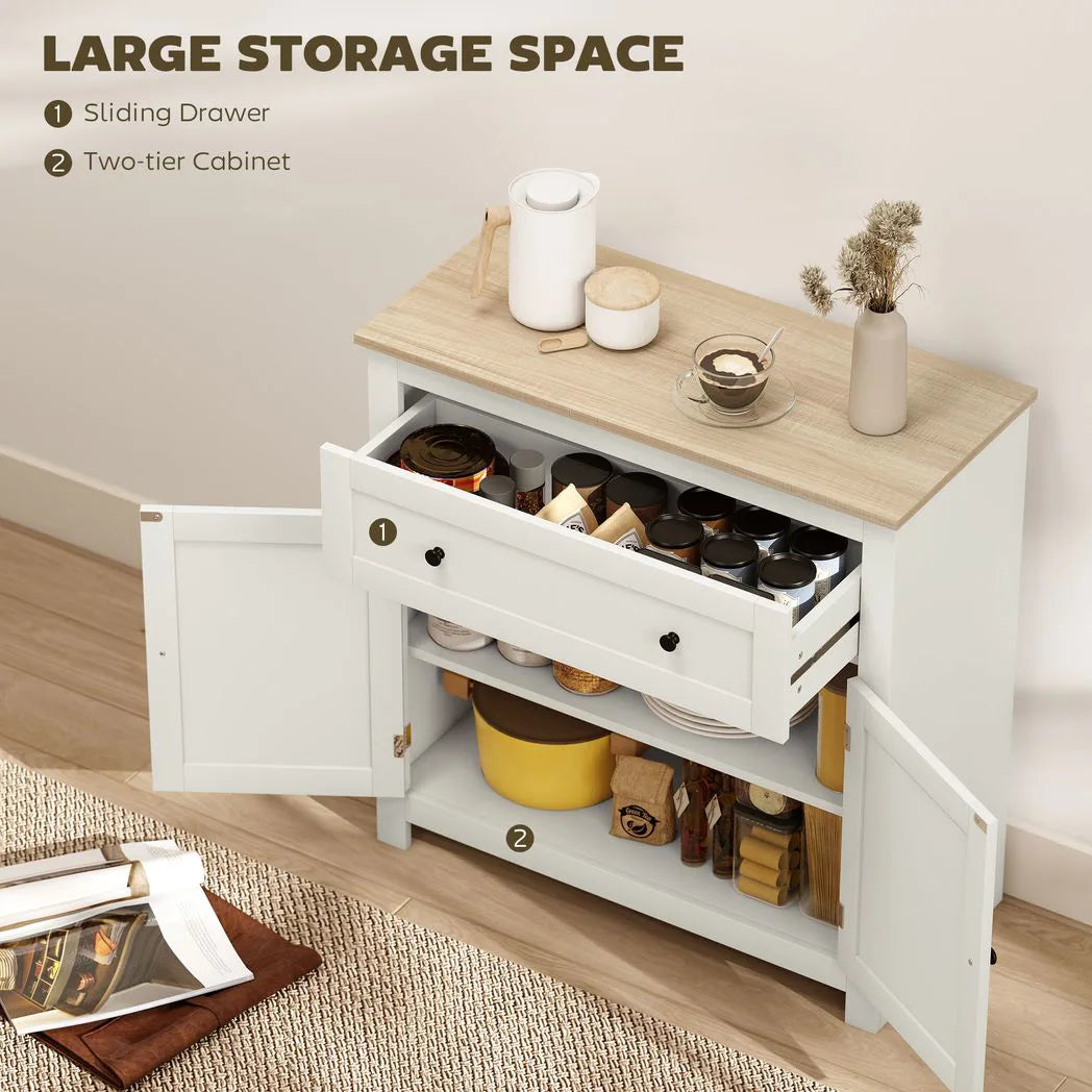 Sideboard Storage Cabinet, Modern Kitchen Cupboard with Adjustable Shelf, Drawer and Double Doors, Cream White