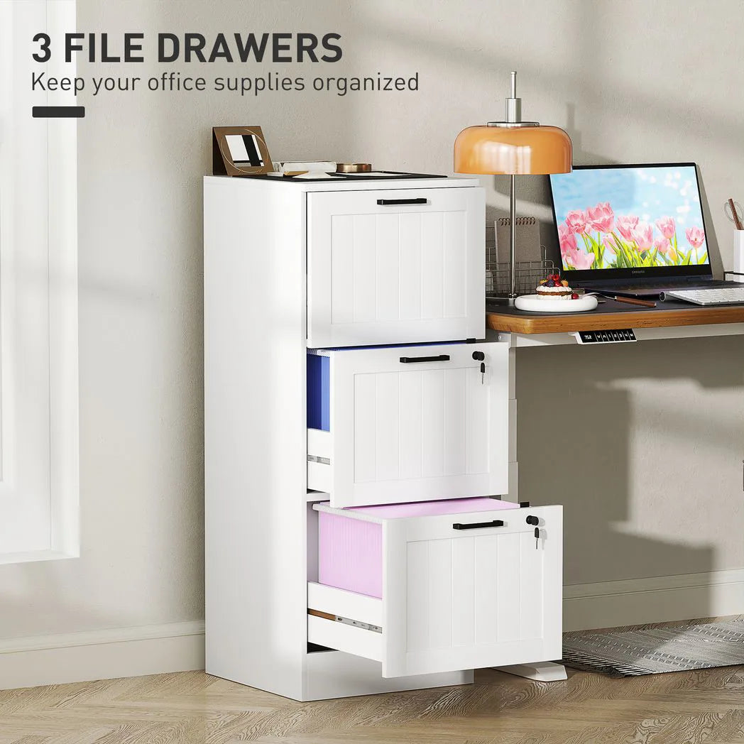 HOMCOM 3 Drawer Filing Cabinet with Lock, Office Storage Cabinet with Adjustable Hanging Bars for A4 Letter Size Files, White