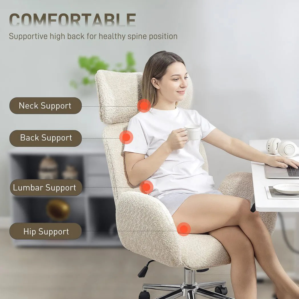Office Chair with Adjustable Headrest, Spring Pack, Curved Line, Boucle Fabric - Pale Grey