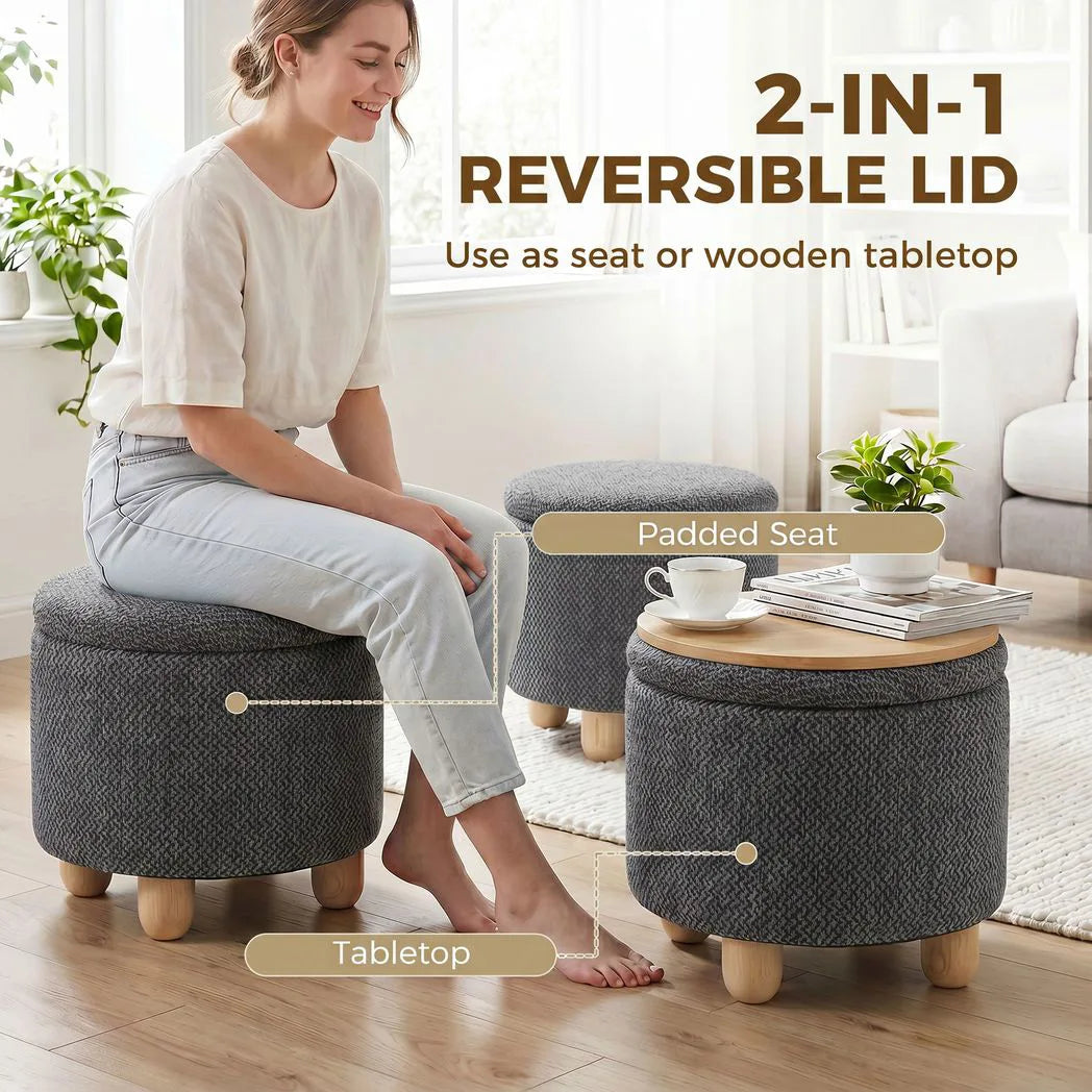 Storage Sitting Bench with Lid, Round Storage Ottoman with Rubberwood Legs, Dark Grey