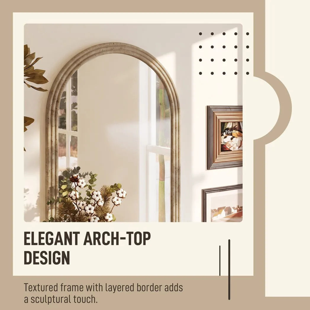Arched Wall Mirror with Grooved Frame — Brown, 50 × 70cm