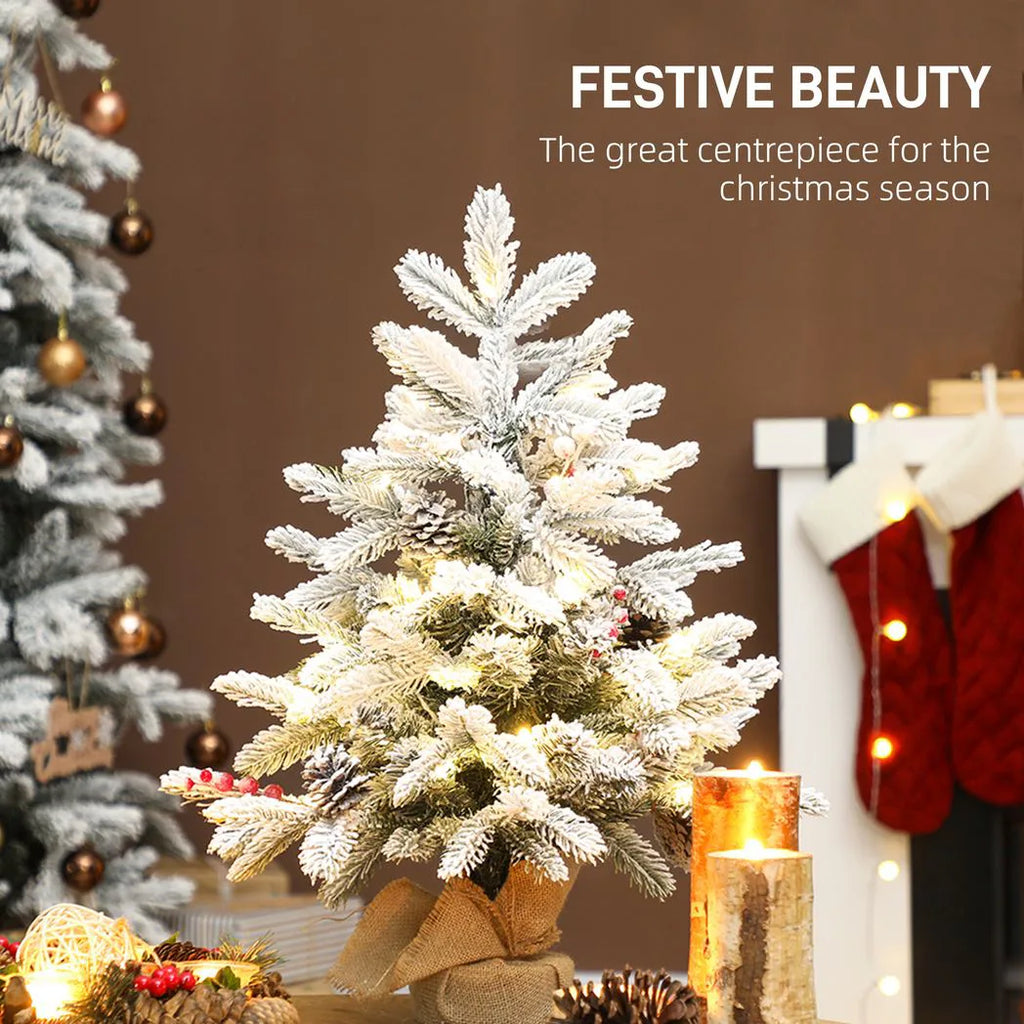 60 cm Prelit Small Christmas Tree with 35 LED Lights, Snow Flocked Tabletop Mini Xmas Tree with Pine Cones, Berry Clusters and Linen Cover Base, Battery Operated, Green
