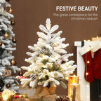 60 cm Prelit Small Christmas Tree with 35 LED Lights, Snow Flocked Tabletop Mini Xmas Tree with Pine Cones, Berry Clusters and Linen Cover Base, Battery Operated, Green
