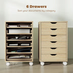 6 Drawer Vertical File Cabinet, Mobile Filing Cabinet with Quiet Drawers and Wheels with 2 Brakes, Oak Wood Effect