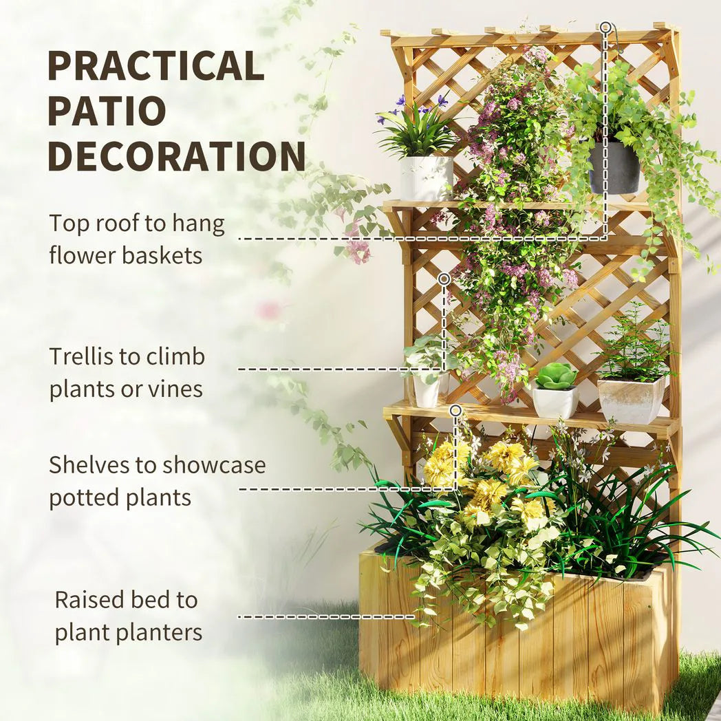Outsunny 52L Wooden Planter, with Trellis and Shelves - Natural Finish