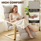 Curved Wooden Accent Chair, Armchair with Adjustable Footrest, Light Brown
