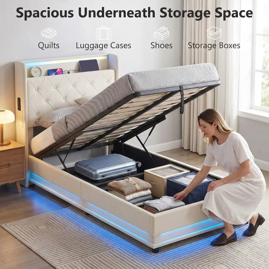 3ft Single Bed Frame with Headboard, Platform Bed Frame with Hydraulic Storage, LED Lights and Charging Station, White