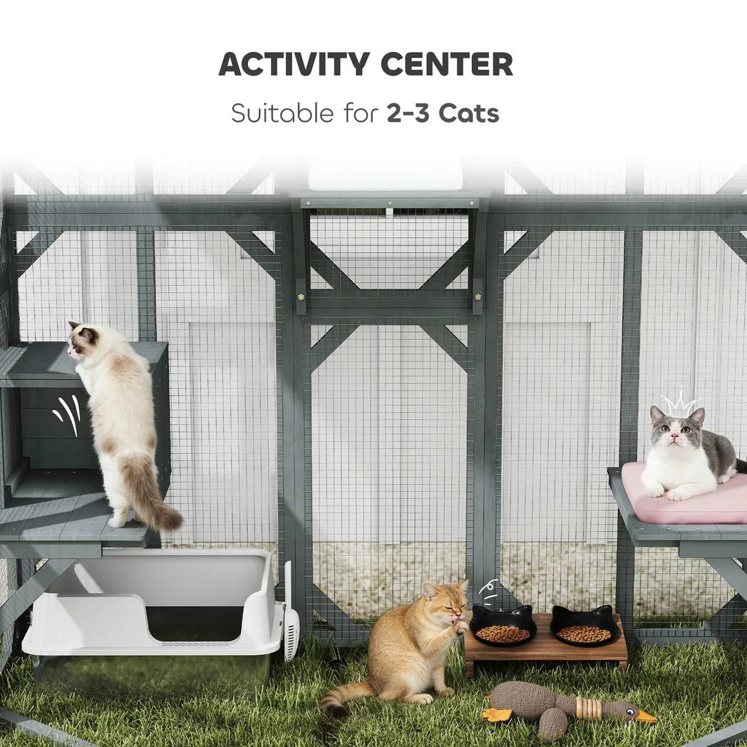 PawHut Catio Outdoor Cat Enclosure, Wooden Cat House with Platforms, Condo and Waterproof Cover for 2?3 Kittens, Grey