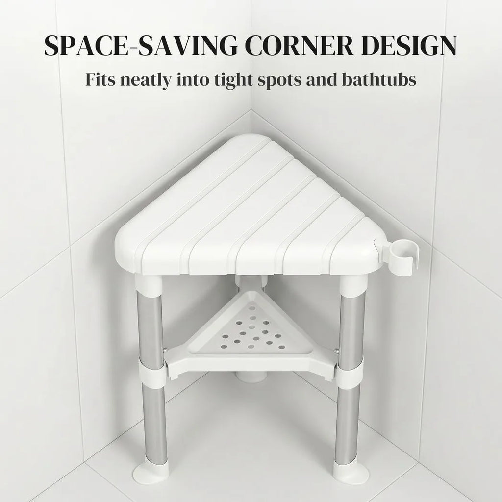 Shower Stool, Aluminium Alloy Corner Shower Chair with Storage Shelf and HDPE Seat, Adjustable Height, White