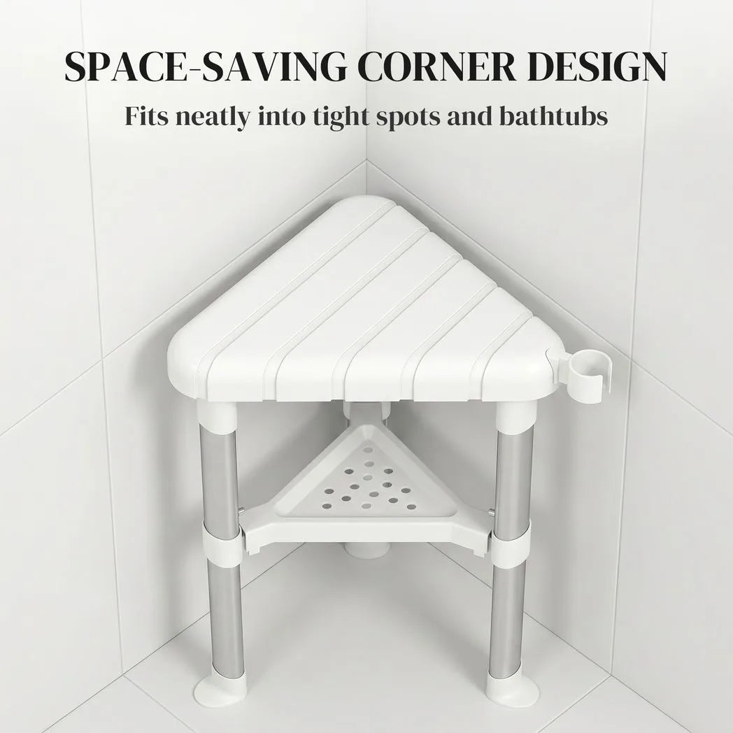 Shower Stool, Aluminium Alloy Corner Shower Chair with Storage Shelf and HDPE Seat, Adjustable Height, White