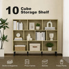 10-Cube Bookcase, 3-Tier Book Shelf with Solid Wood Legs, 140 cm Modern Bookshelf with Anti-Tip Kit, Oak