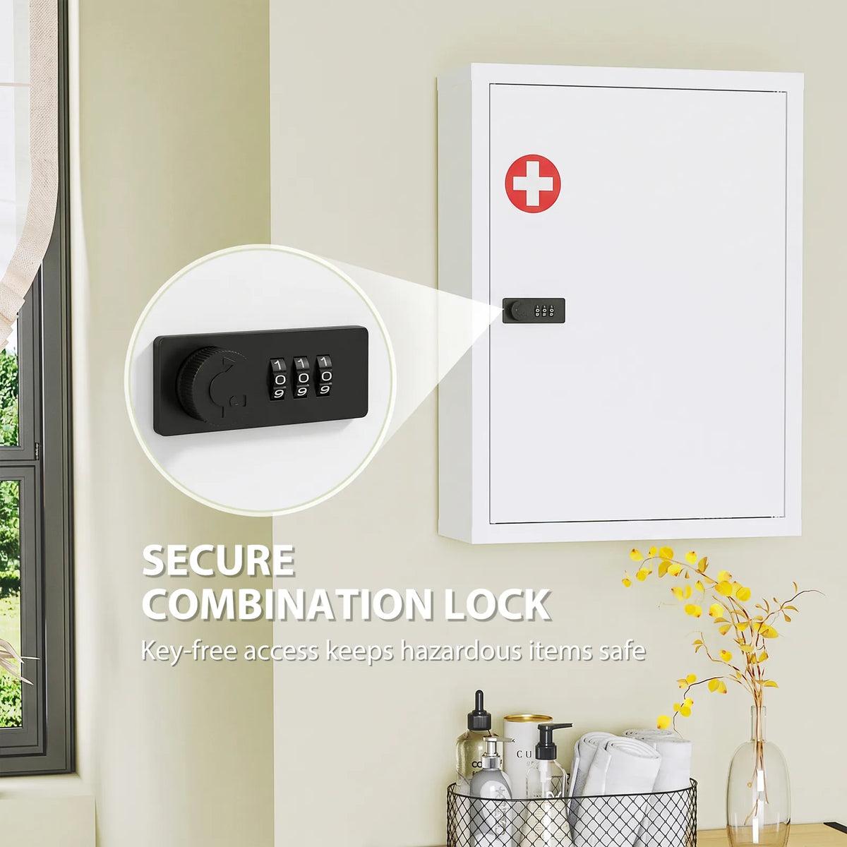 Wall Mount Medicine Cabinet, Bathroom Cabinet with Combination Lock, Door and Storage Shelves, White