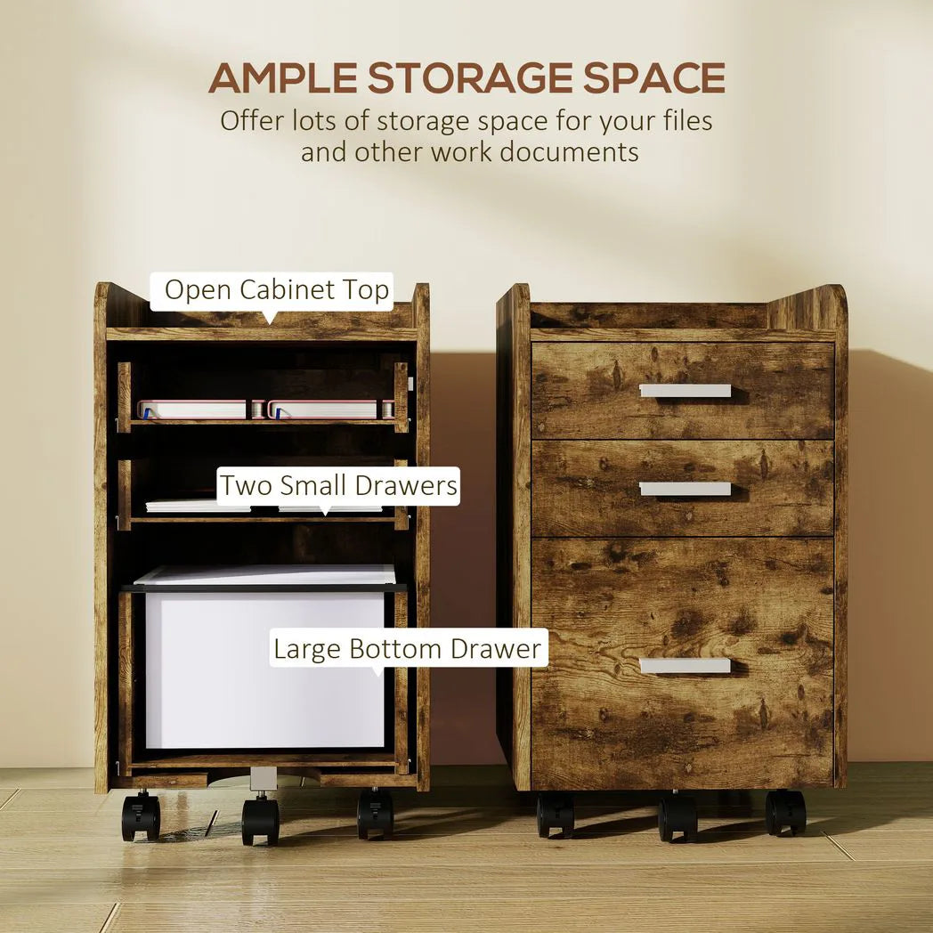 3 Drawer Filing Cabinet, Rolling File Cabinet with Edged Top for Letter, A4 Size, Hanging File Folders, Rustic Brown