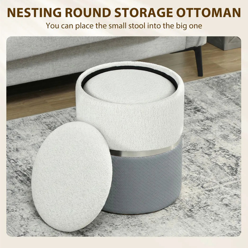 Nesting Round Ottoman with Storage Set of 2 - Cream/Grey