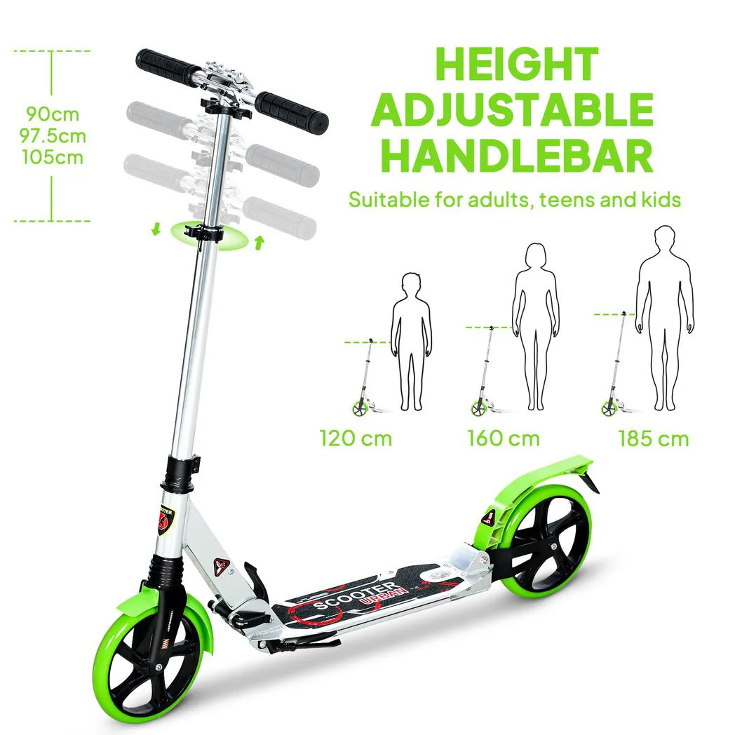 Folding Kick Scooter, Adjustable Ride On Scooter with 200mm Big Wheels and Double Shock Absorption, Urban Scooter for 14 Teens Adult, Green