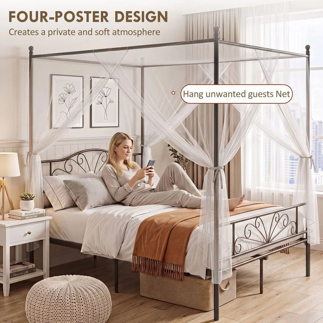 Canopy Bed Frame Double Size, Metal Platform Bed Frame with Headboard and Footboard, Underbed Storage, Black
