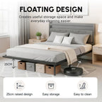 Floating Bed Frame, Upholstered 5ft King Size Bed, Platform Bed with RGB LED Lights and Charging Station, Grey