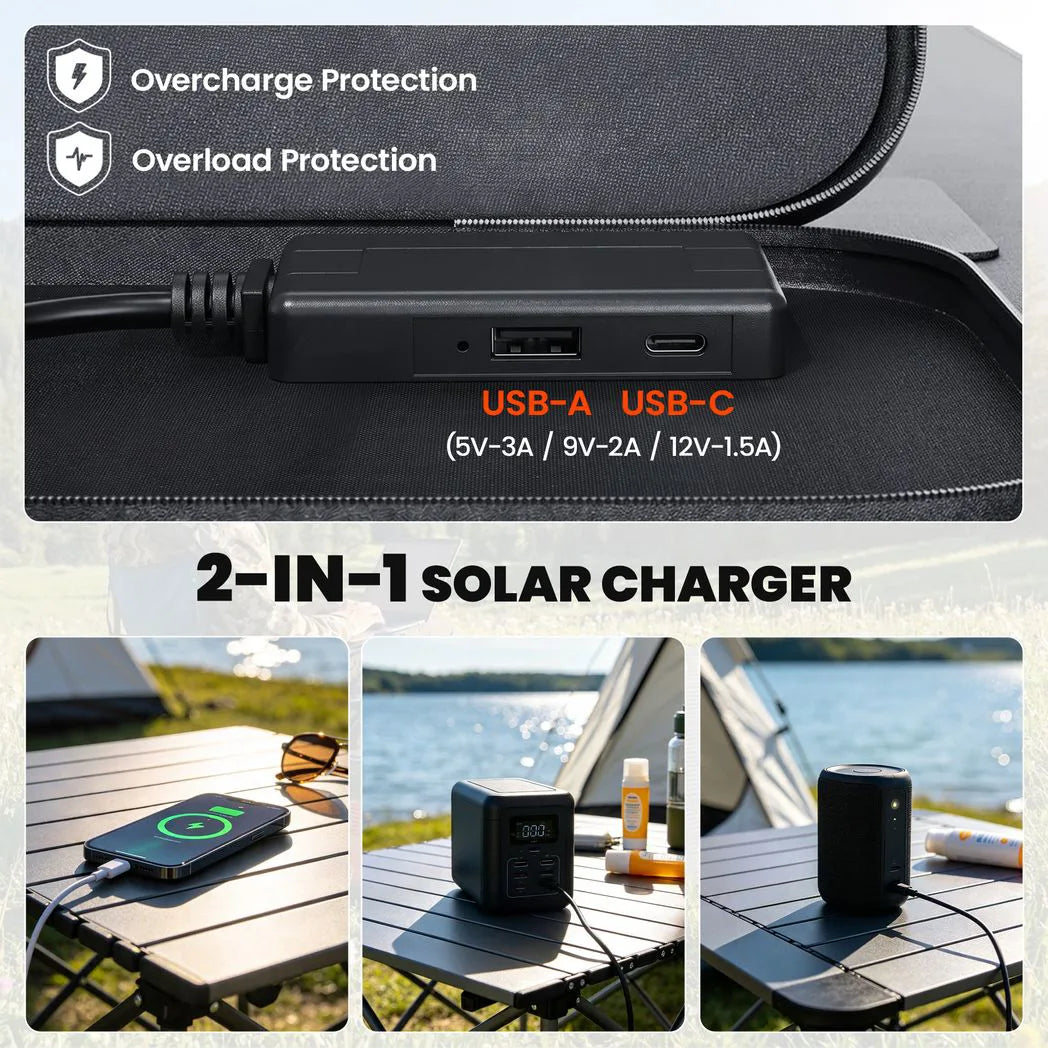 100W Portable Solar Panel, Foldable Solar Charger with USB-A & USB-C Fast Charging Output, IP67 Waterproof for Mobile Phone Power Bank Flashlight Fans Camping Backpacking Hiking