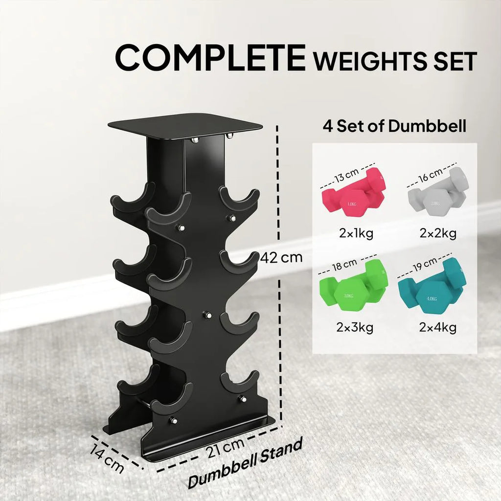 SPORTNOW Hex Dumbbells Set with Dumbbell Rack, Hand Weights for Home Gym Strength Training, 2 x 1kg, 2 x 2kg, 2 x 3kg, 2 x 4kg