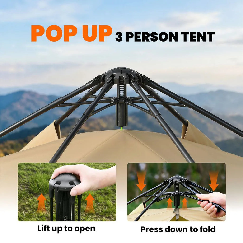 Outsunny 3 Man Instant Pop Up Tent with Rainfly, Portable Camping Shelter with Sewn-in Groundsheet, Carry Bag, Brown