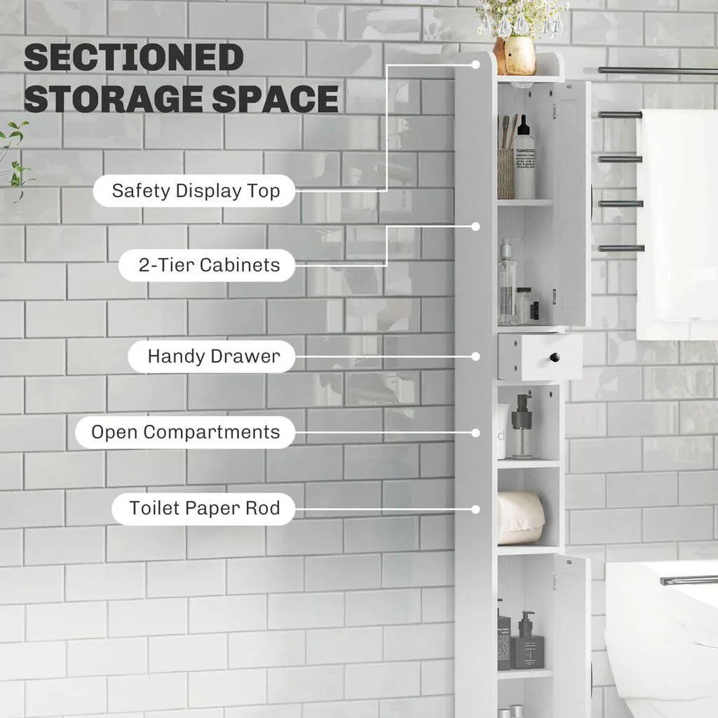Tall Bathroom Cabinet, Farmhouse Slim Bathroom Storage Cabinet with Barn Doors, Toilet Paper Roll Holder, Drawer and Adjustable Shelves, Narrow Bathroom Storage Unit, 20 x 20 x 185cm, White