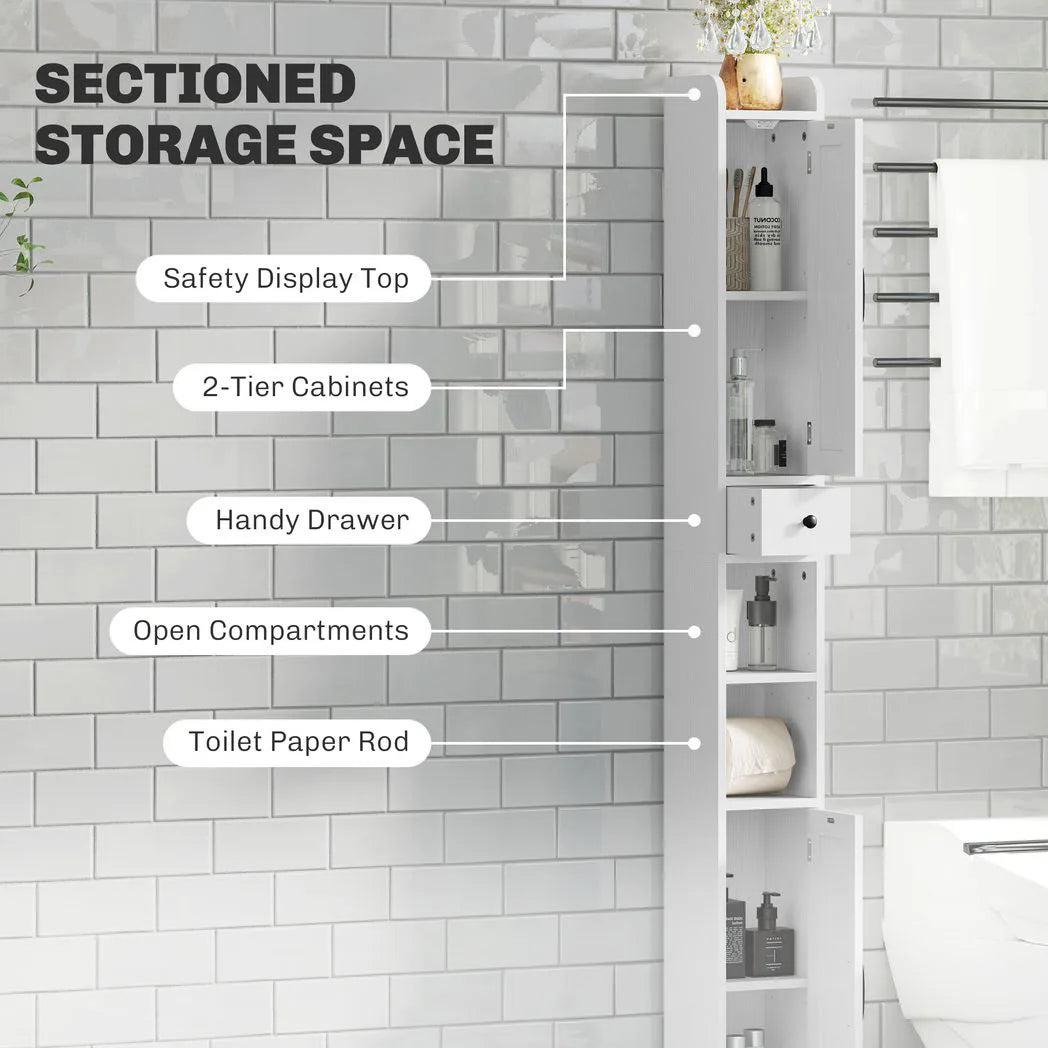 Tall Bathroom Cabinet, Farmhouse Slim Bathroom Storage Cabinet with Barn Doors, Toilet Paper Roll Holder, Drawer and Adjustable Shelves, Narrow Bathroom Storage Unit, 20 x 20 x 185cm, White