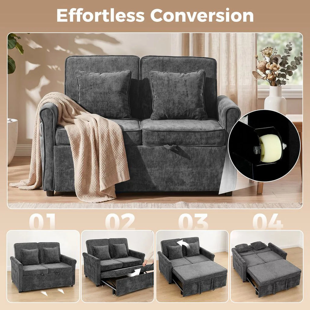 2 Seater Sofa Bed 3-in-1 Convertible Chenille Pull Out Sleeper Sofa with 5-Position Adjustable Backrest, Grey