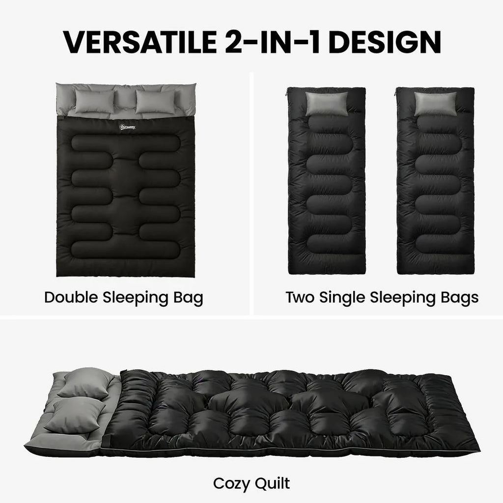 Outsunny Double Sleeping Bag with 2 Pillows, 220 x 160 cm Extra-Large Sleeping Bag for Adults, Black