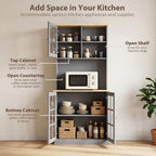Kitchen Pantry, Buffet Hutch with 3 Storage Cabinets, 2 Open Shelves and Large Countertop for Kitchen, Grey