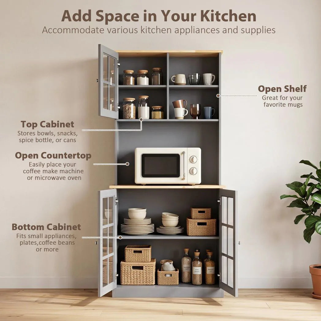 Kitchen Pantry, Buffet Hutch with 3 Storage Cabinets, 2 Open Shelves and Large Countertop for Kitchen, Grey