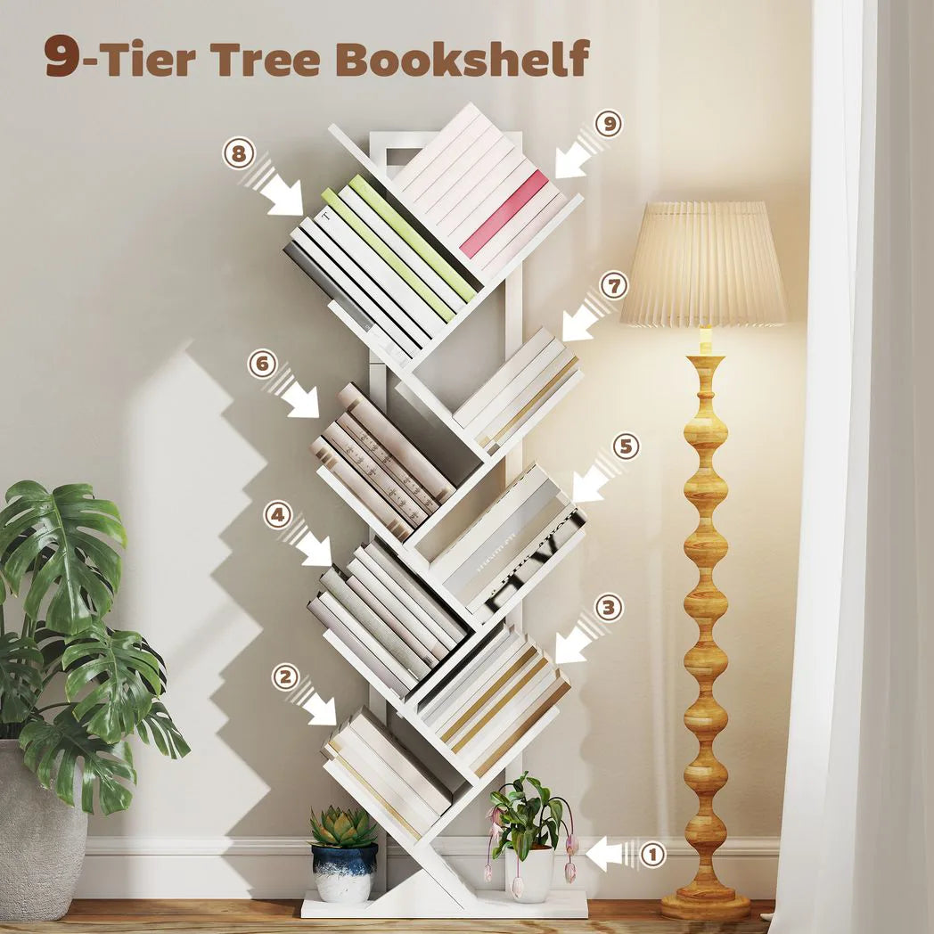 9-Tier Tree Bookshelf, Industrial Free Standing Bookcase with Steel Frame, Display Storage White