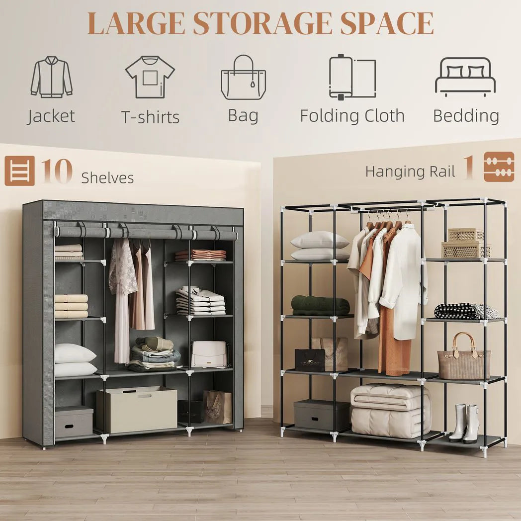Clothes Storage Organiser with Hanging Rail, Shelves, Portable Wardrobe, Foldable Fabric Wardrobe, Dark Grey