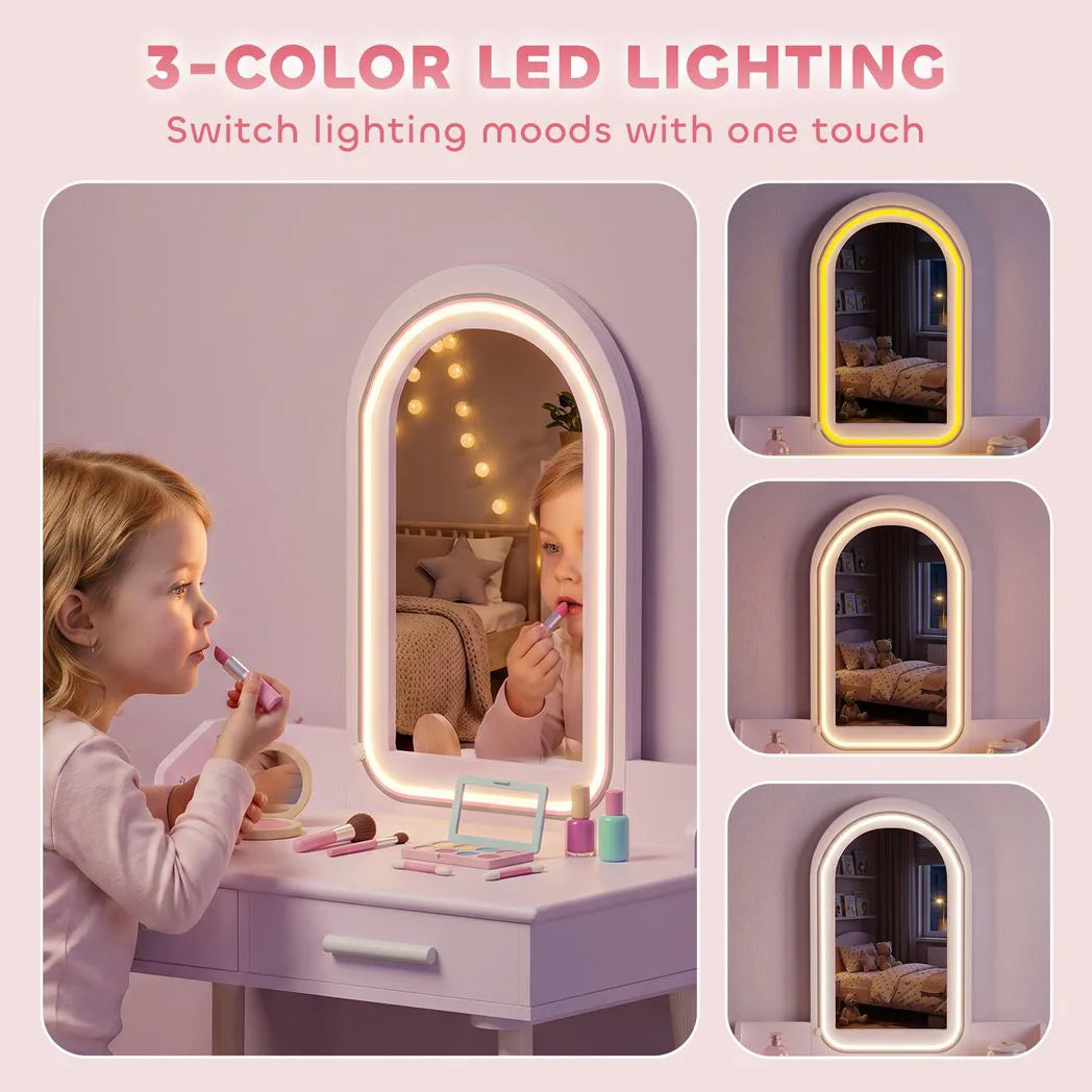 AIYAPLAY Kids Dressing Table, Girls Vanity Set with Stool, 3-Colour LED Lights Mirror, Large Drawer for Ages 3-8, Pink