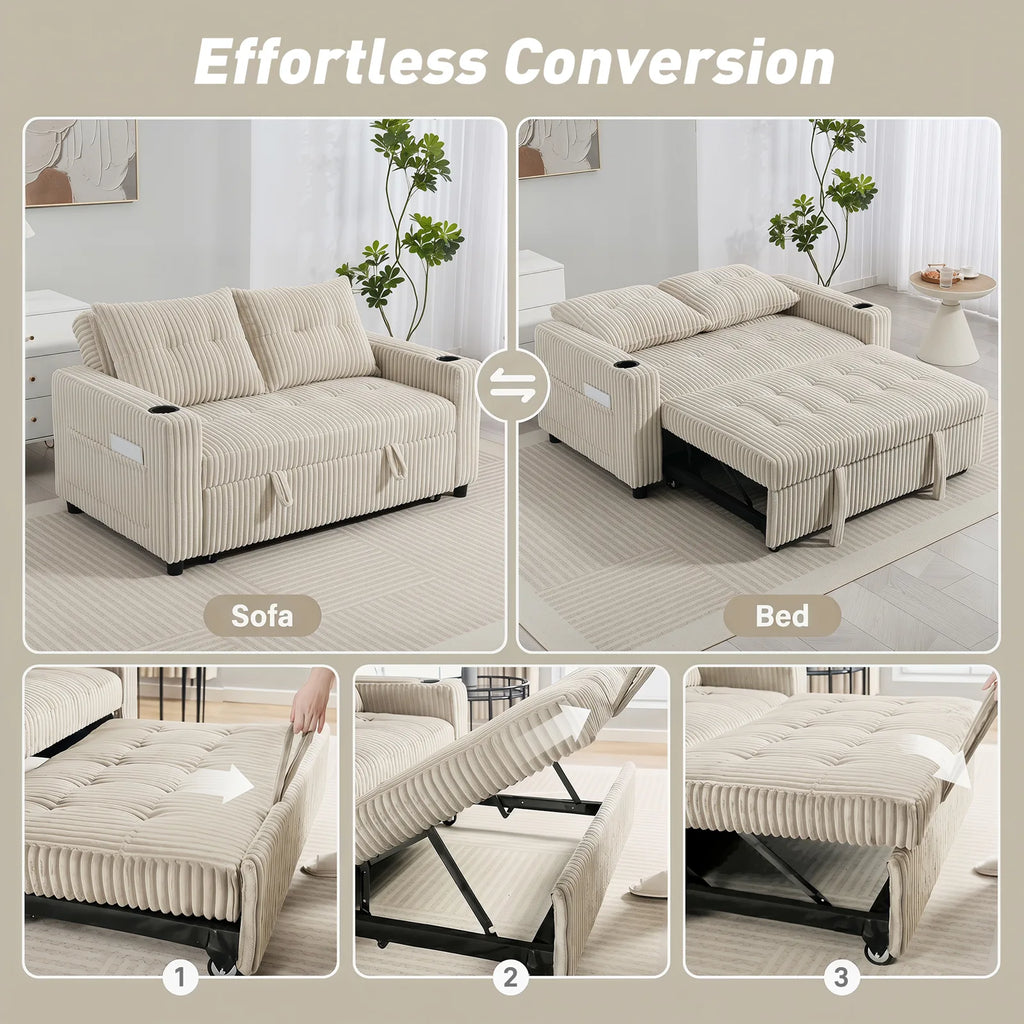 Corduroy Click Clack Sleeper Sofa with Pull Out Design, 2 Seater Sofa Bed, Cream White
