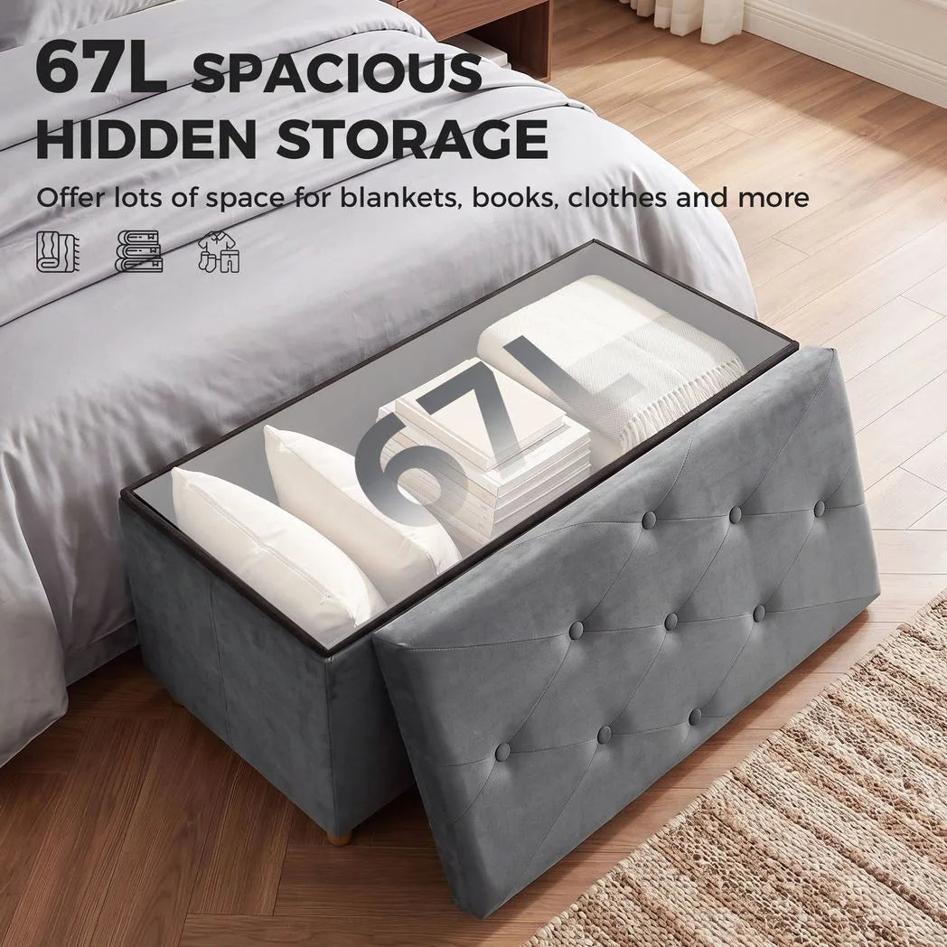 Velvet Upholstered Foldable Ottoman Footrest, Storage Ottoman Bench with Wood Legs for Living Room, Grey
