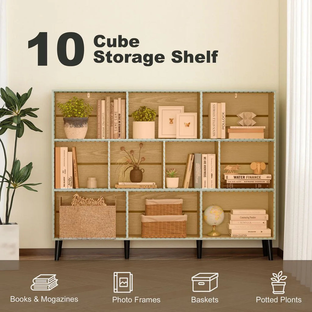 10-Cube Bookcase, 3-Tier Book Shelf with Solid Wood Legs, 140 cm Modern Bookshelf with Anti-Tip Kit, Light Green
