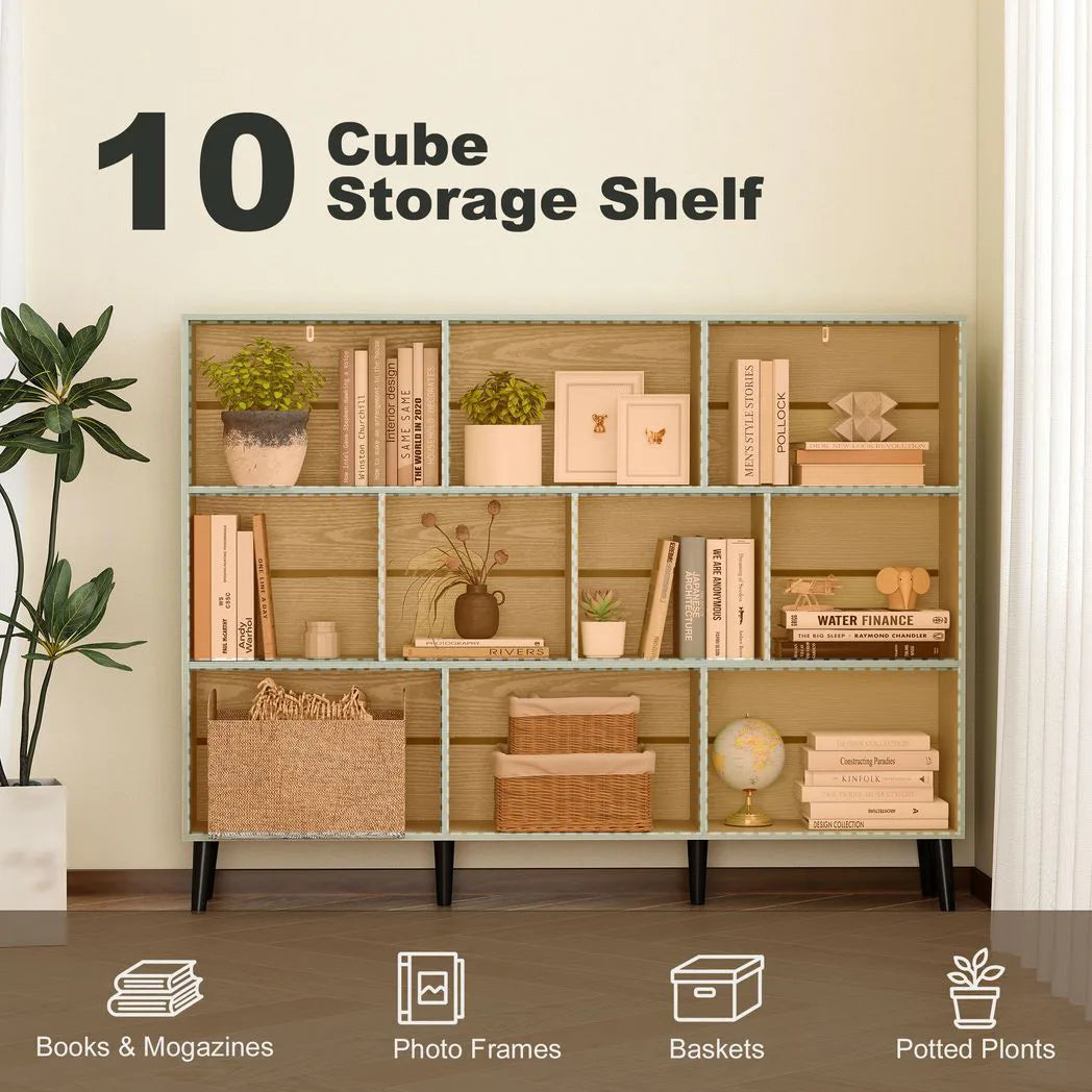 10-Cube Bookcase, 3-Tier Book Shelf with Solid Wood Legs, 140 cm Modern Bookshelf with Anti-Tip Kit, Light Green