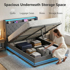 4ft6 Double Bed Frame with Headboard, Platform Bed Frame with Hydraulic Storage, LED Lights and Charging Station, Grey