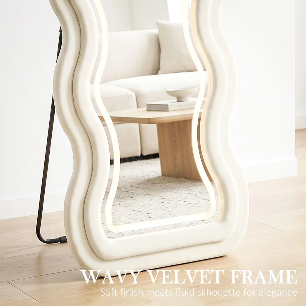 Full Length Mirror, 160 x 60 cm Wavy Full Body Wall Standing Mirror with Velvet Frame and LED Light Strip, Cream White