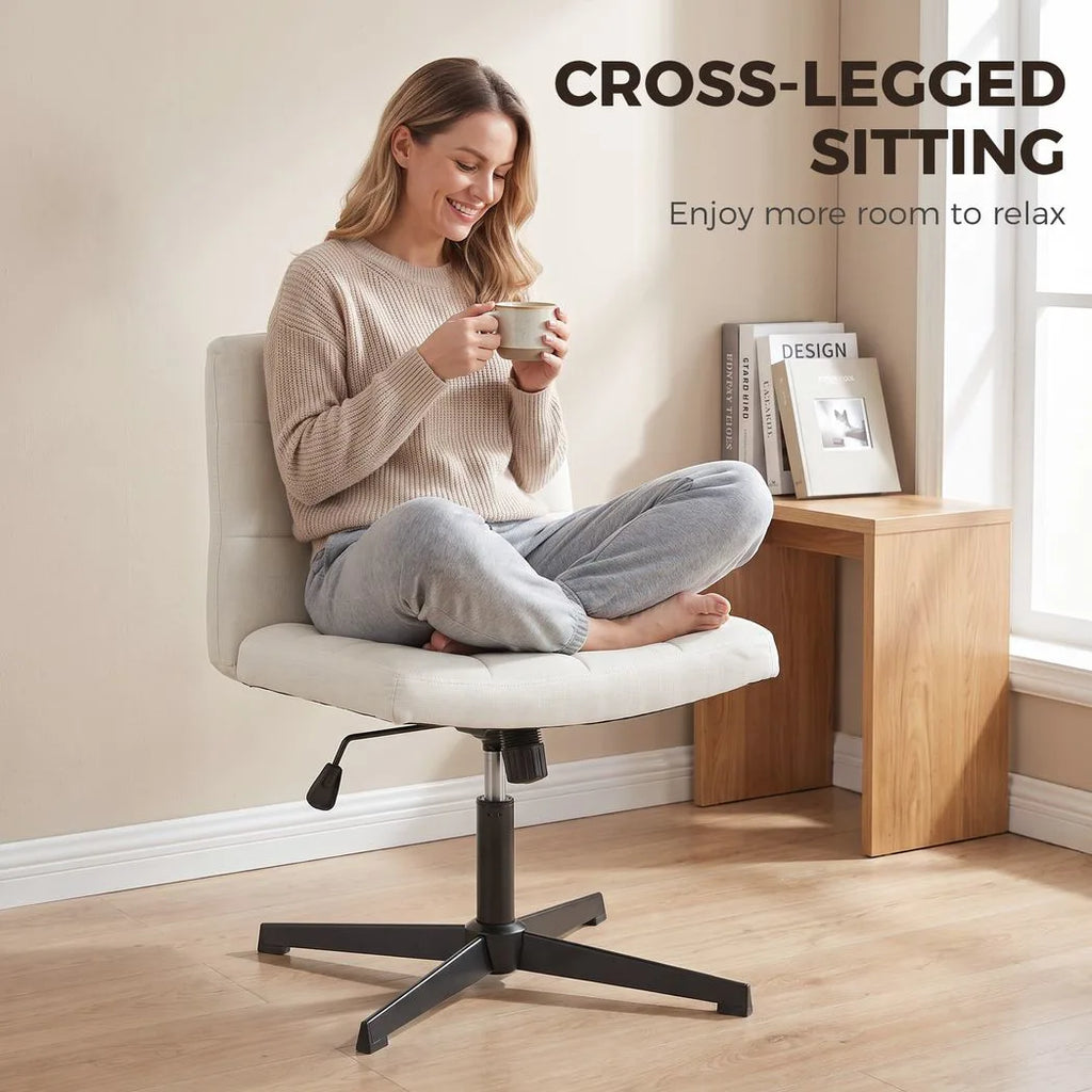 Armless Office Chair, Cross Legged Linen Computer Desk Vanity Chair with Wide Seat, Rocking Function, Beige