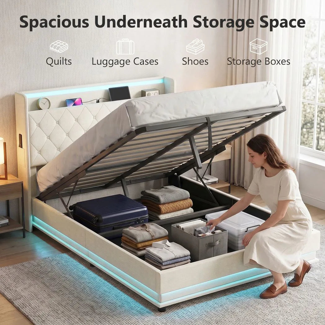 4ft6 Double Bed Frame with Headboard, Platform Bed Frame with Hydraulic Storage, LED Lights and Charging Station, Cream