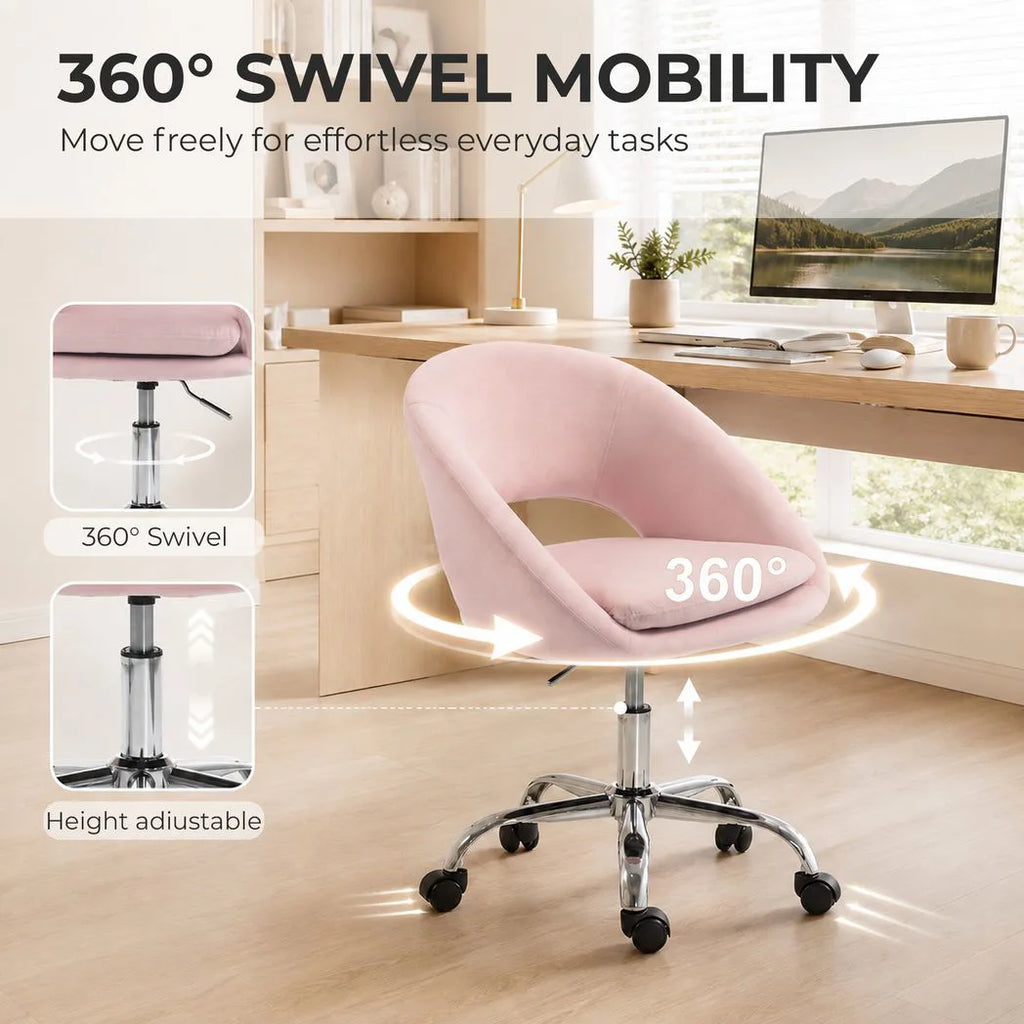 Velvet Desk Chair, Modern Office Chair with Height-Adjustable, Wheels, for Home Study Bedroom, Pink