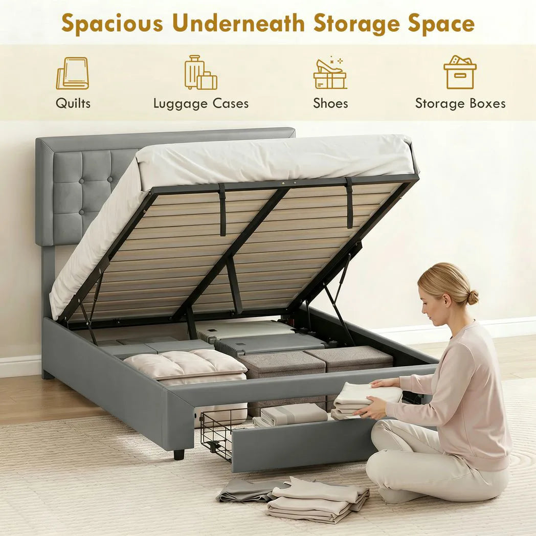 PU Leather King Size Ottoman Bed Frame, with Front Drawer - Grey