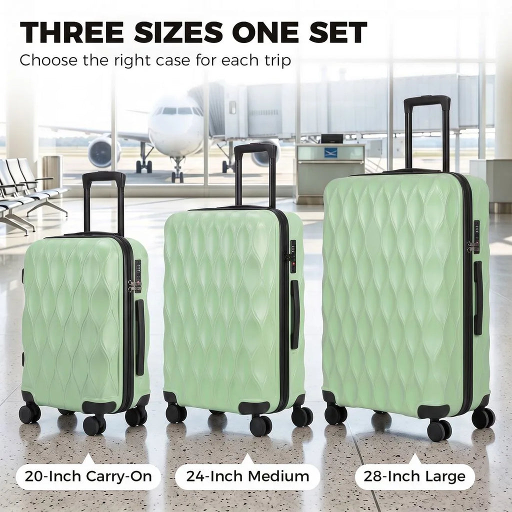3-Piece Suitcase Set, Hard Shell Carry On & Checked Luggage Set with TSA Lock, 20/24/28 Inch, Green