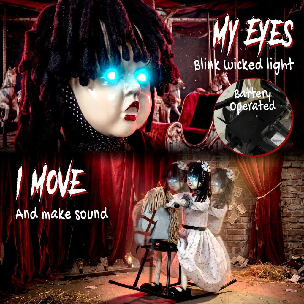 Animated Halloween Girl Riding Horse with Glowing Eyes