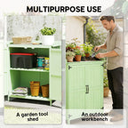 Outsunny Wooden Garden Shed, Garden Tool Storage Shed with Hinged Roof and Shelf, Outdoor Storage Cabinet with Double Doors, Light Green