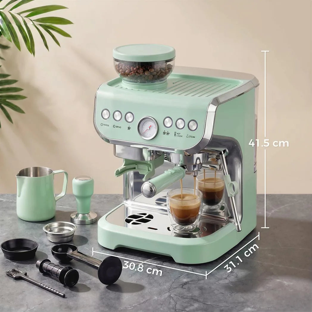 15 Bar Coffee Machine, with Adjustable Grind, Steamer and Accessories - Light Green