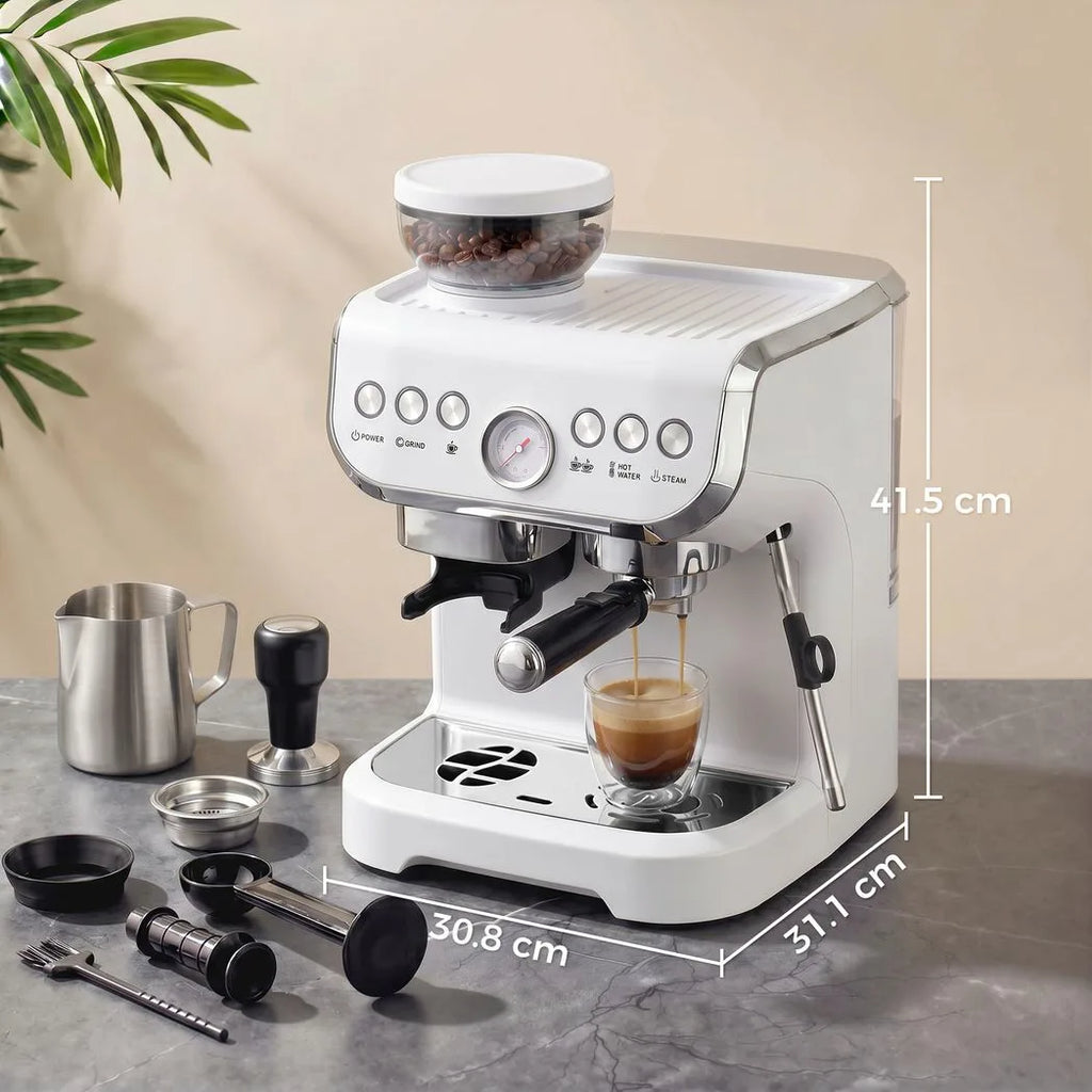 15 Bar Coffee Machine, with Adjustable Grind, Steamer and Accessories - White