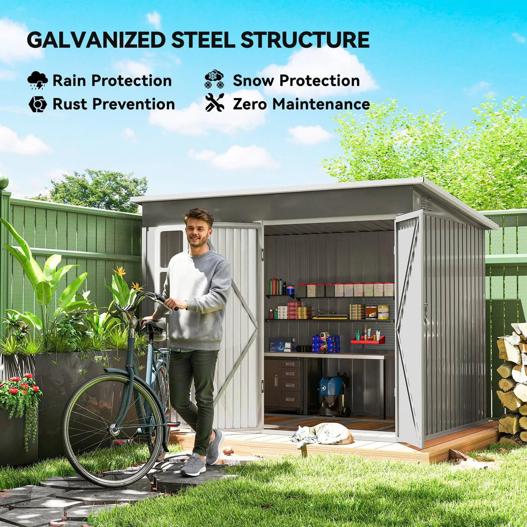 Outsunny 8.5 x 6ft Storage Shed Galvanised Steel Garden Shed, Metal Shed with Foundation Kit, Window, Lockable Wide Doors and Air Vents for Outdoor Patio, Light Grey
